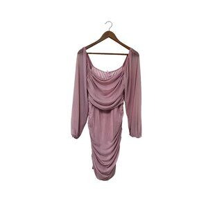 Womens Light Pink Ruched Long Sleeve Midi Dress With Draped Neckline Size Large